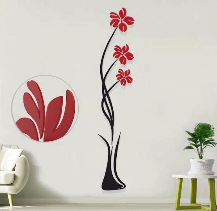 Wooden Acrylic Flower Vase Wall Stickers