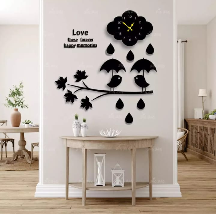 Love Birds with Umbrella Standing On Tree Branch Cloud Raining Wall Clock