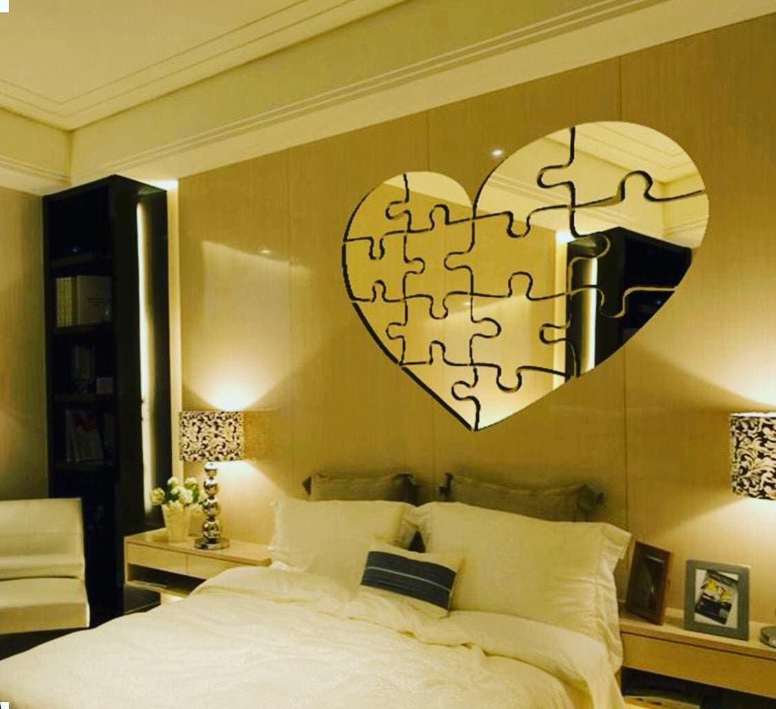 Wall Mirror Frameless Heart Puzzle Design Makeup Mirror - Color Silver - Size 24inch