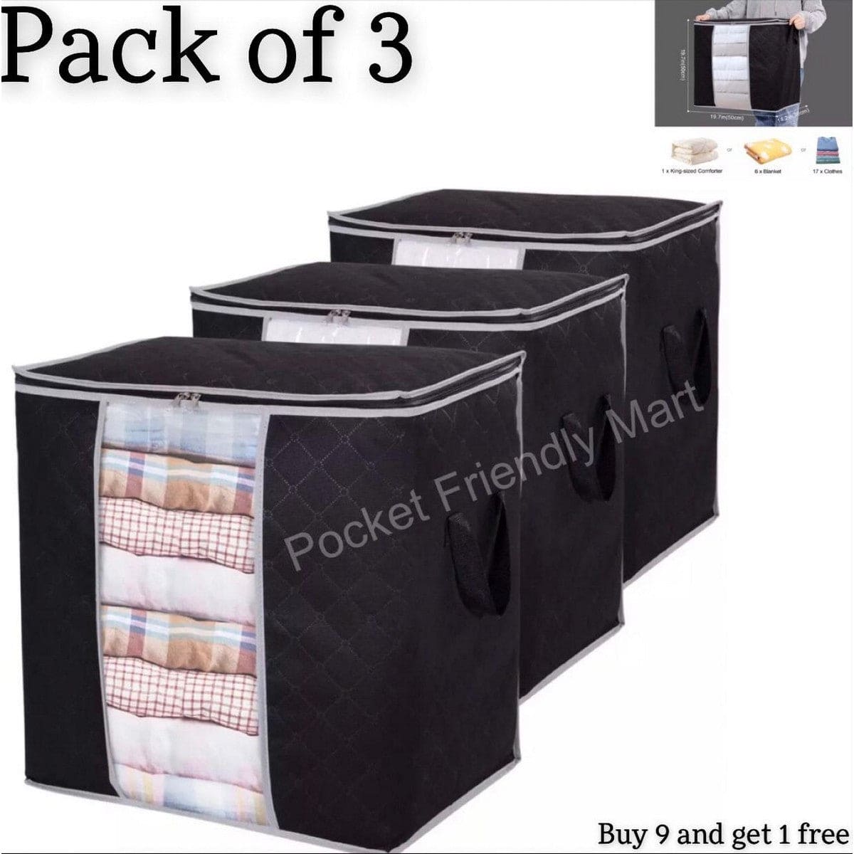 Pack Of 3 - 110gsm New Waterproof Home Storage Bag foldable non woven Oxford Cloth Bedding Suits Pillows Closet Organizer bags Organizer Zipper Bag (Random Color)
